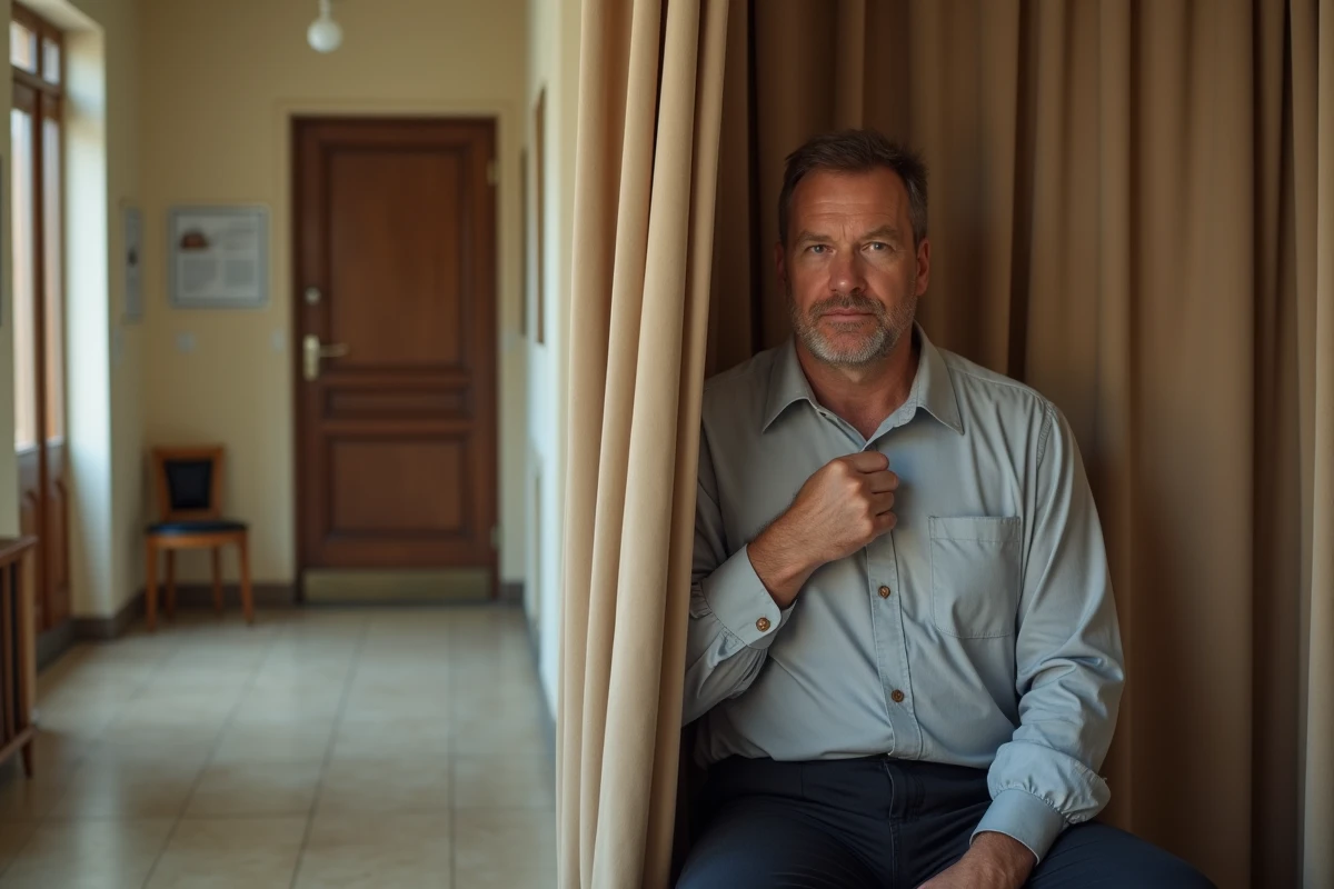 Homme assis dans un photomaton installé dans le couloir d'une mairie française pour des photos d'identité