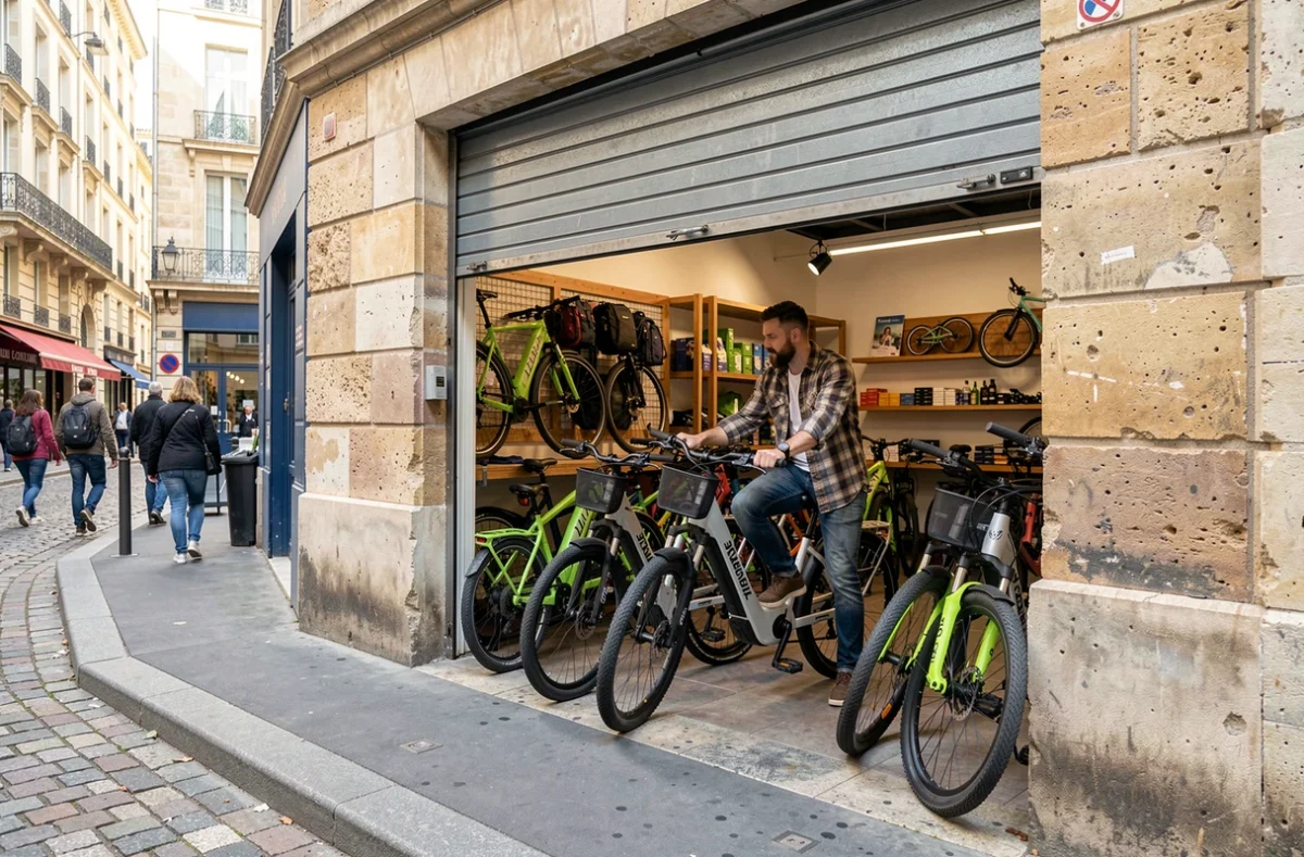 Pierre qui Roule à Bordeaux avec sa devanture ouverte sur la rue et un employé aidant un client sur un vélo électrique