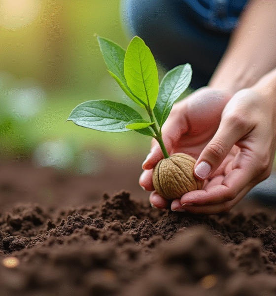 Main plantant un jeune noyer en terre humide en plein air