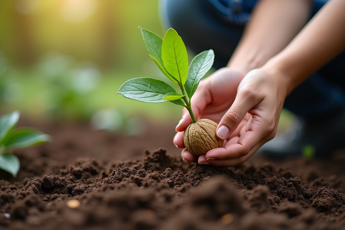 Main plantant un jeune noyer en terre humide en plein air