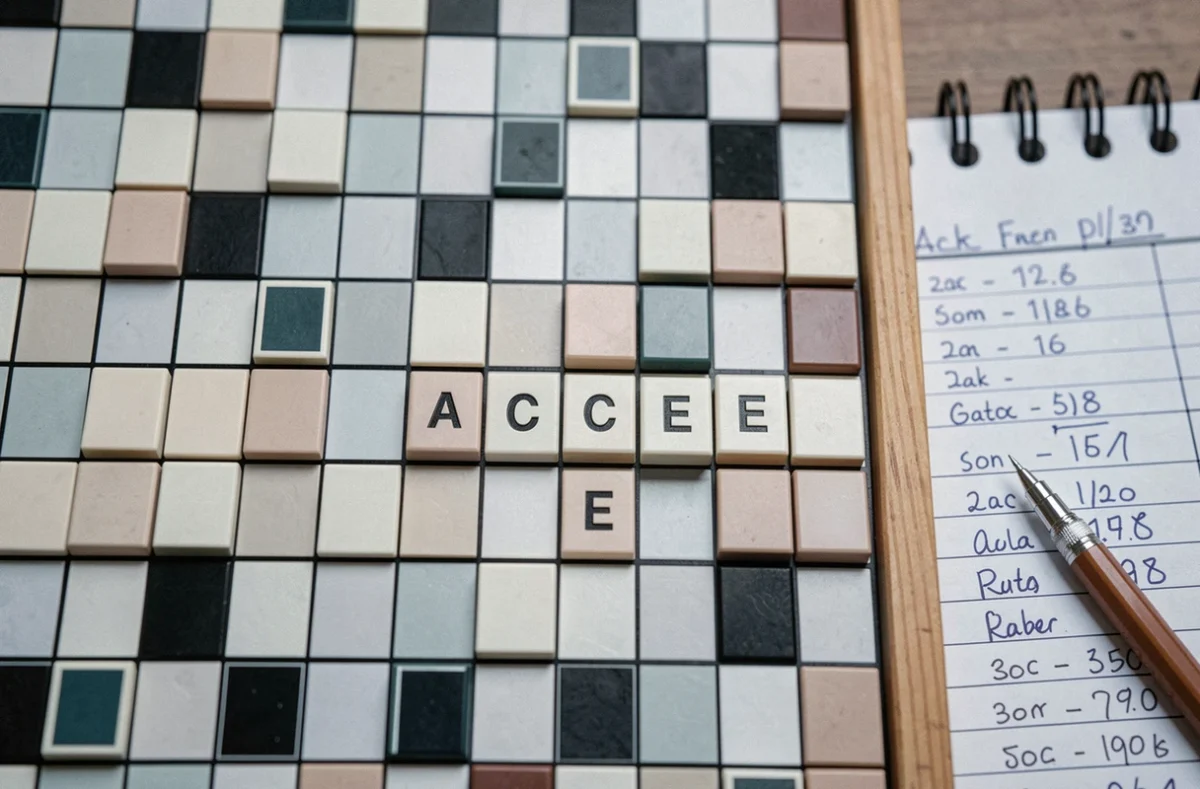 Vue aérienne rapprochée d'un plateau de Scrabble en fin de partie avec rack de lettres ACE et feuille de score manuscrite