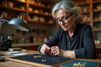 Femme examinant un poinçon or étranger sur un bracelet dans une bijouterie artisanale