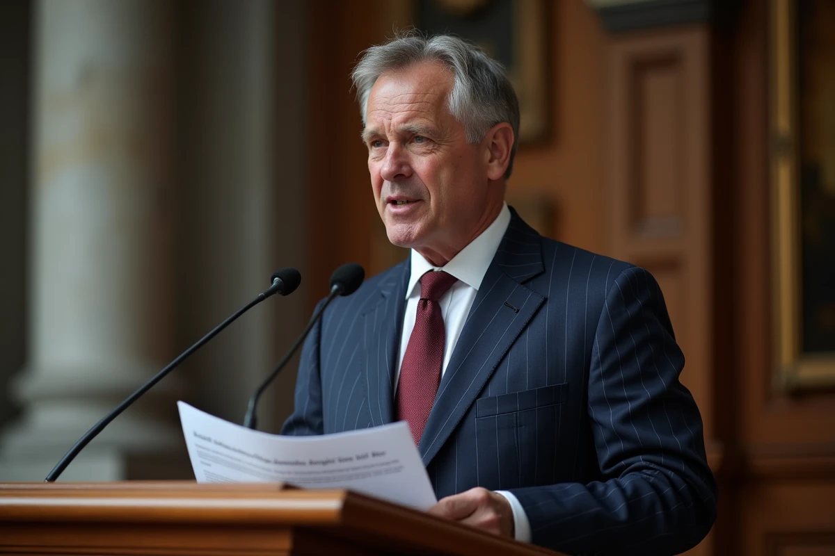 Homme politique allemand en costume devant un pupitre officiel dans un bâtiment gouvernemental représentant le Bundesrat