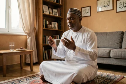 Homme musulman en djellaba blanche faisant une prière du Ramadan dans un appartement français, mains levées sur un tapis de prière