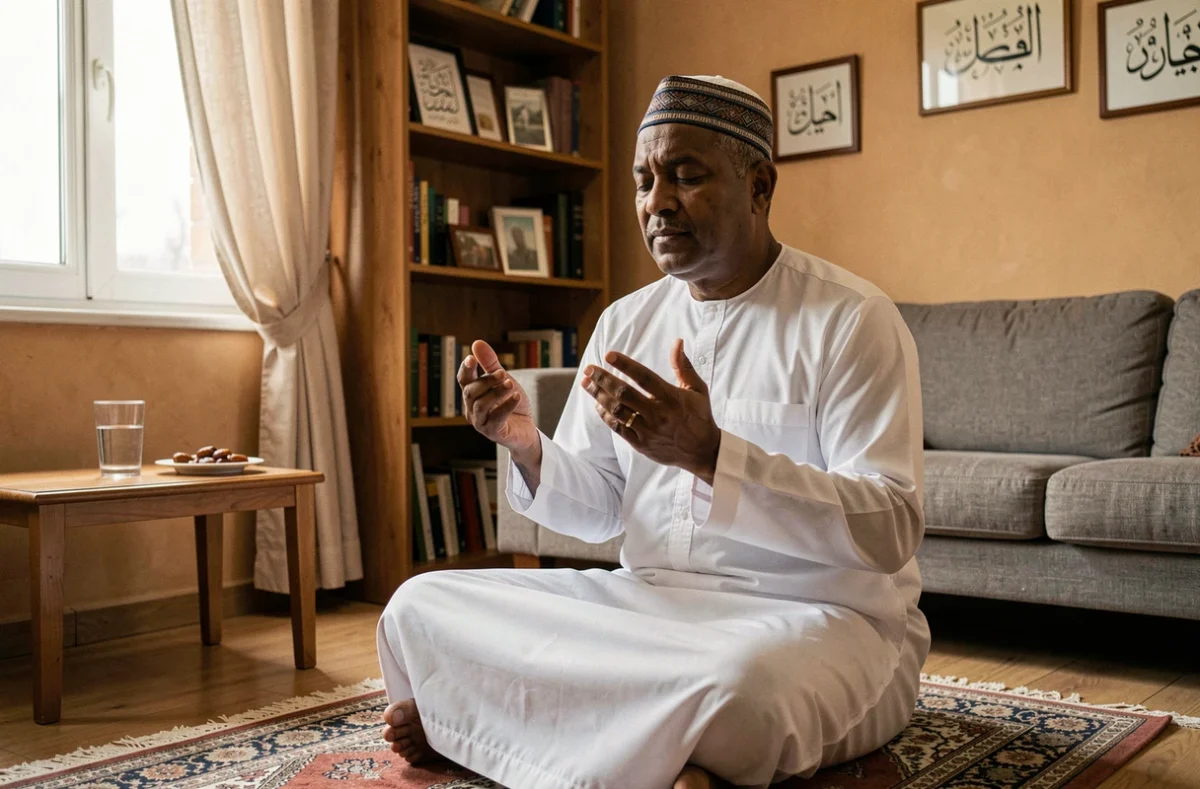 Homme musulman en djellaba blanche faisant une prière du Ramadan dans un appartement français, mains levées sur un tapis de prière