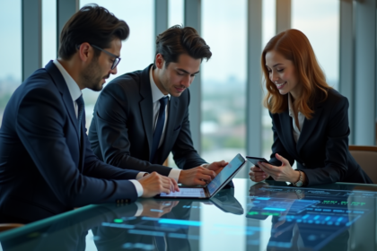 Groupe de professionnels analysant des graphiques d'IA en réunion