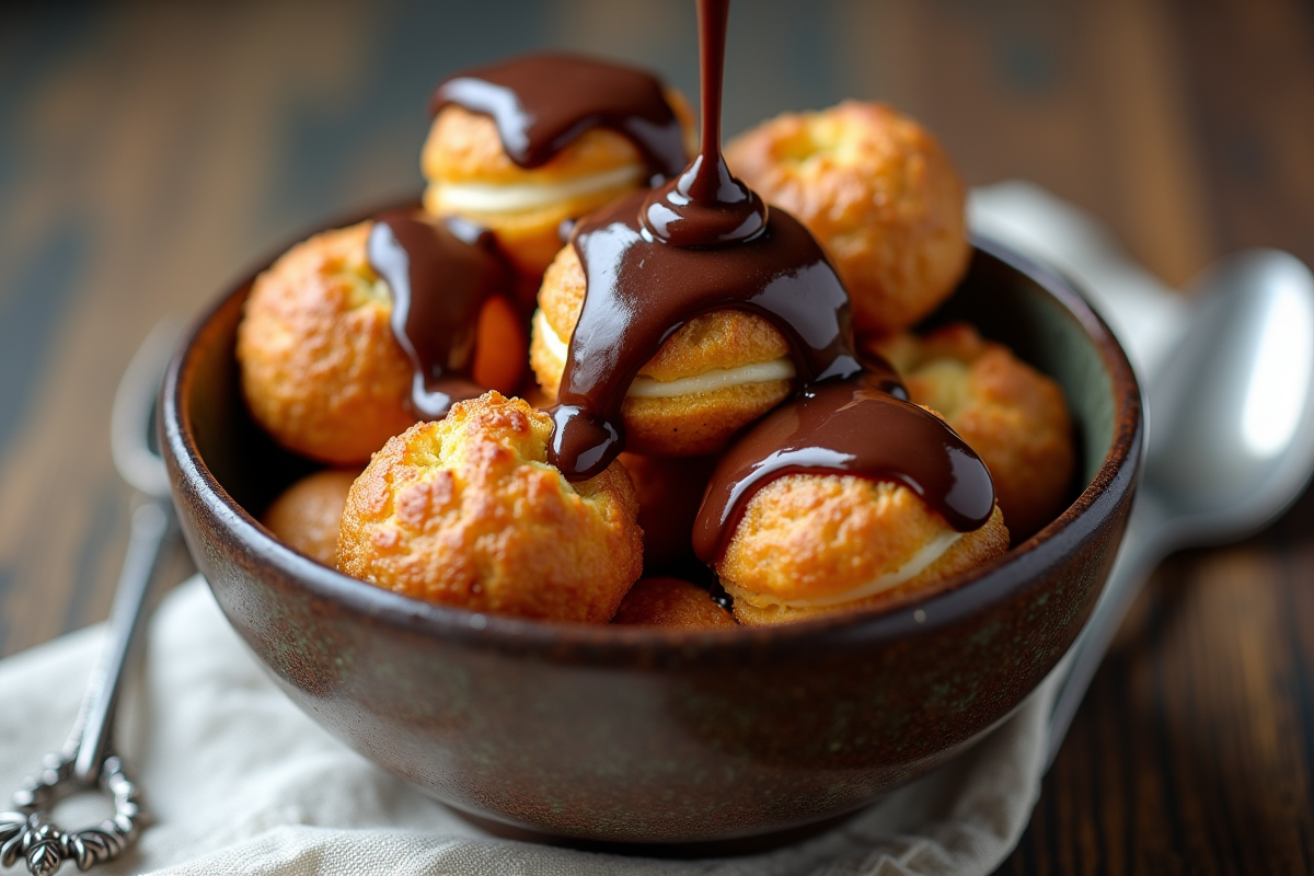 Profiteroles dans un bol en céramique avec sauce chocolat