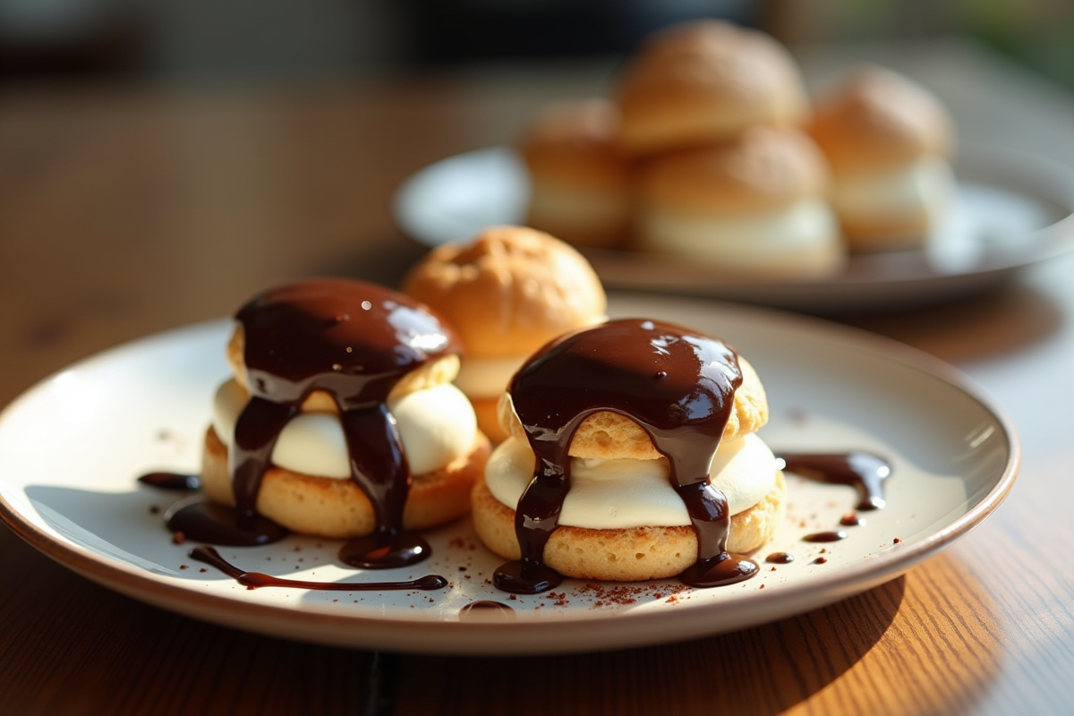 Assiette de profiteroles glacées au chocolat brillant