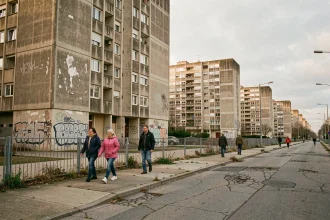 Vue grand angle des tours de béton du quartier Le Mirail à Toulouse, avec graffitis et trottoirs dégradés, illustrant l'état du quartier en 2026