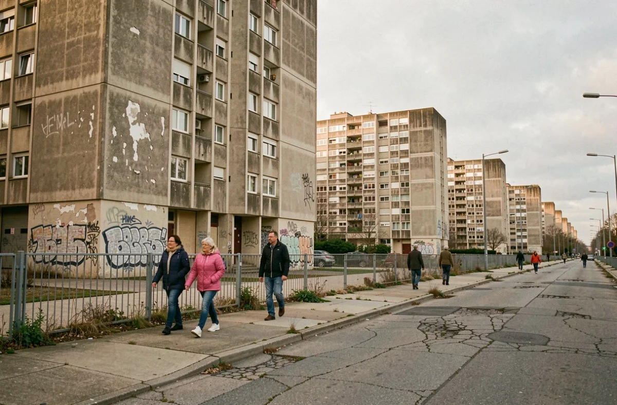 Vue grand angle des tours de béton du quartier Le Mirail à Toulouse, avec graffitis et trottoirs dégradés, illustrant l'état du quartier en 2026