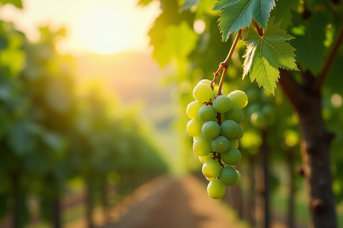 Raisin vert avec gouttes de rosée dans un vignoble ensoleille