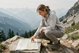 Randonneuse consultant une carte topographique sur un sentier alpin dans les montagnes françaises