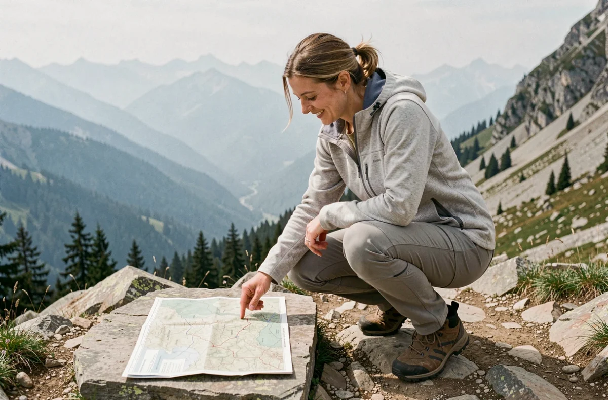 Randonneuse consultant une carte topographique sur un sentier alpin dans les montagnes françaises