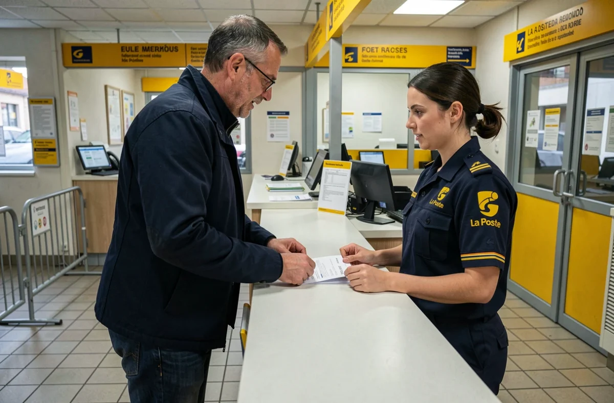 Client déposant une réclamation au guichet d'un bureau de poste La Poste face à un employé en uniforme