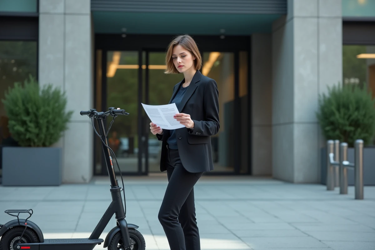 Femme consultant un document légal sur la réglementation des trottinettes électriques en ville