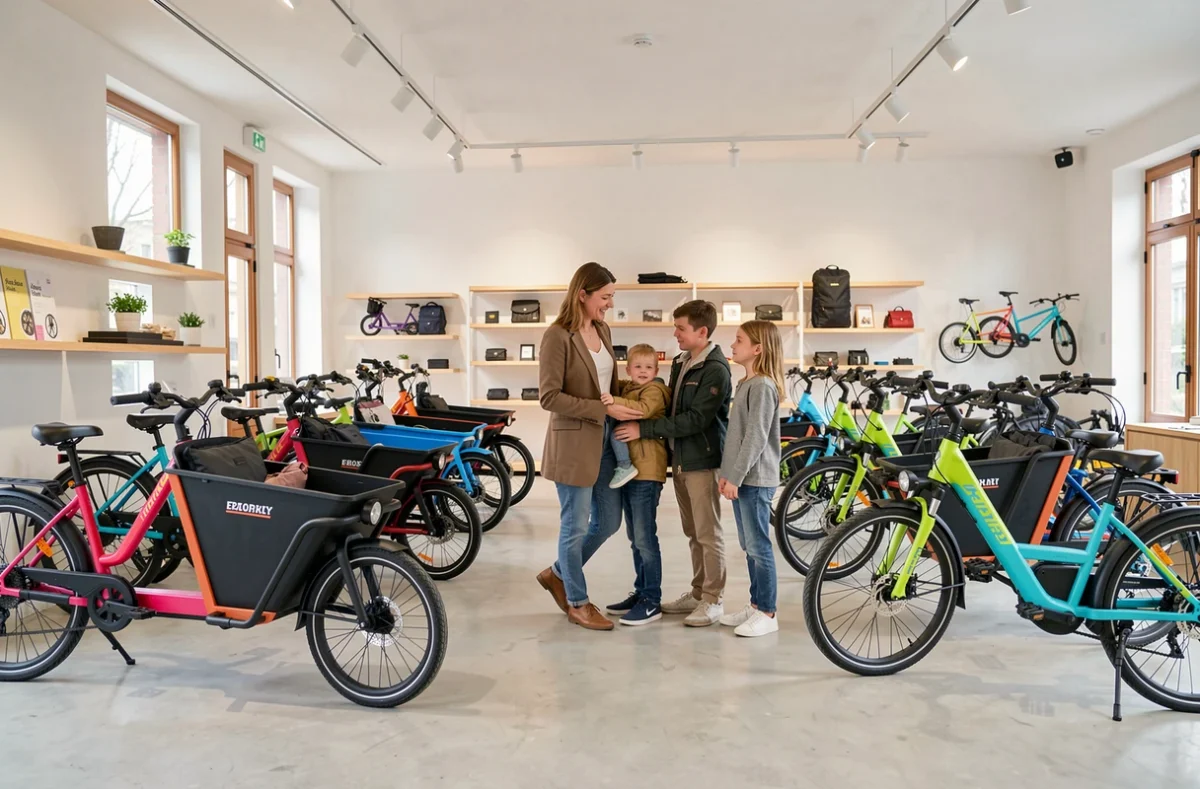 Showroom de Reine Cargo Bordeaux avec des vélos cargo électriques exposés et une employée présentant un modèle à une famille
