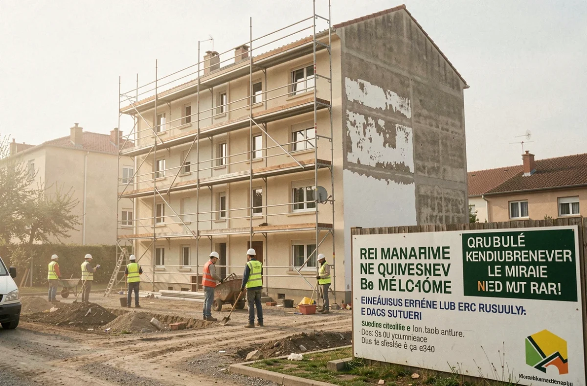Chantier de rénovation urbaine dans un quartier d'habitat social de Toulouse, ouvriers sur échafaudage et façade en cours de ravalement