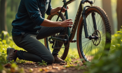 Personne réparant un vélo en forêt au soleil