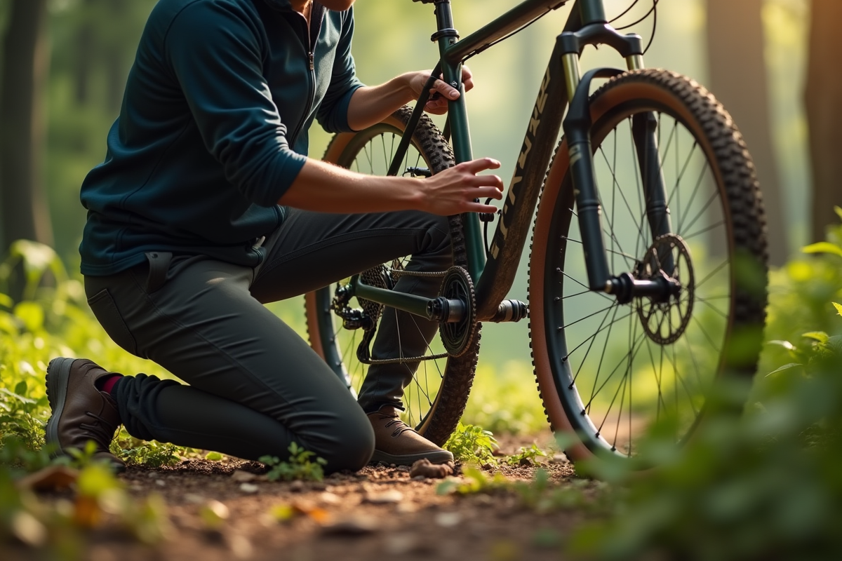 Personne réparant un vélo en forêt au soleil