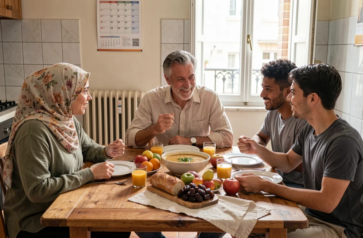 Famille musulmane réunie autour d'un repas d'iftar pour le Ramadan en France, table garnie de dattes, soupe harira et jus