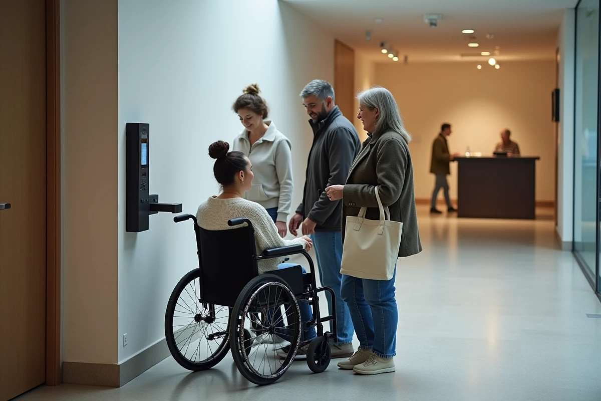 Groupe de résidents dont une personne en fauteuil roulant utilisant un terminal d'accès numérique dans le hall d'un immeuble sécurisé