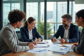 Groupe de professionnels en réunion d'affaires dans un bureau lumineux