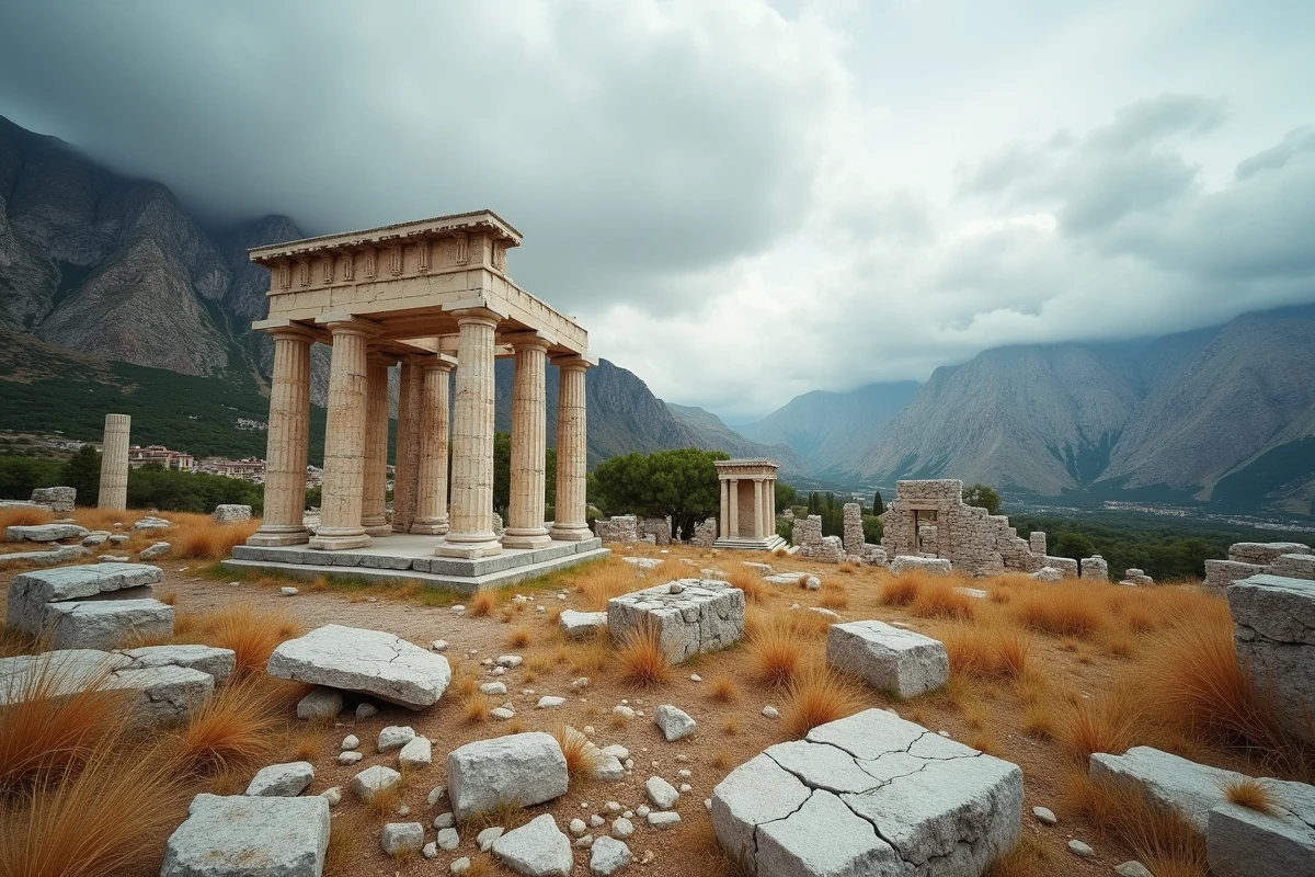 Ruines du temple d'Apollon à Delphes en Grèce, site archéologique antique dédié au dieu grec des arts et de la prophétie