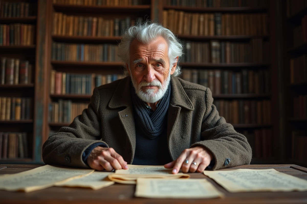 Vieil homme sarde avec documents anciens dans un bureau