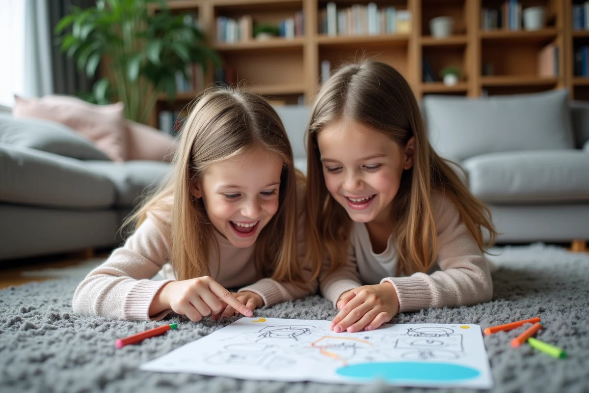 Deux soeurs jouent et rient avec un puzzle dans le salon