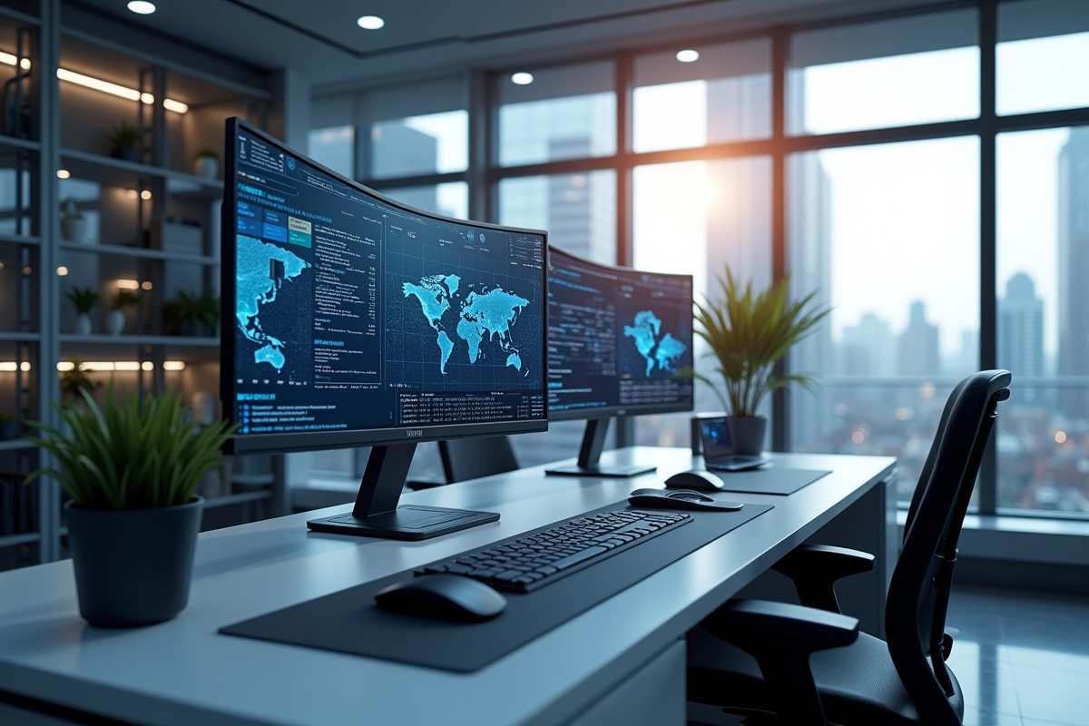 Bureau informatique futuriste avec écrans complexes et lumière naturelle