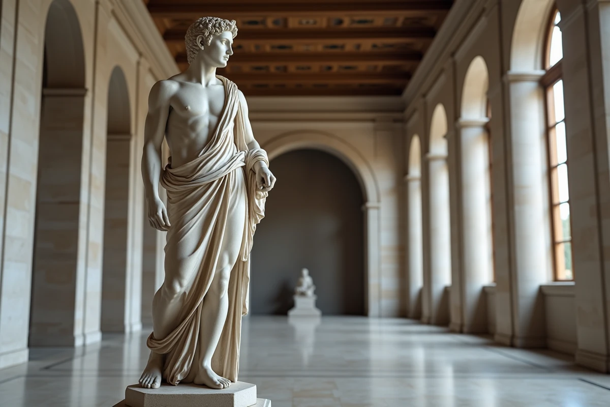 Statue en marbre d'Apollon dans un musée grec, représentant le dieu des arts dans le panthéon olympien de la Grèce antique
