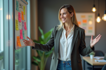 Femme confiante présentant une stratégie de marque en réunion