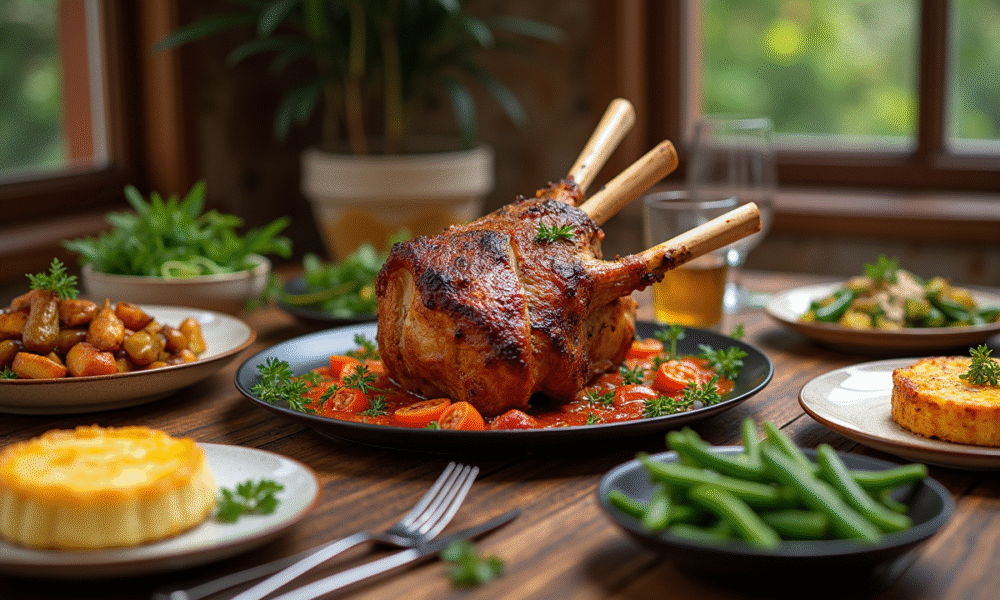 Table rustique avec un gigot d'agneau doré au centre
