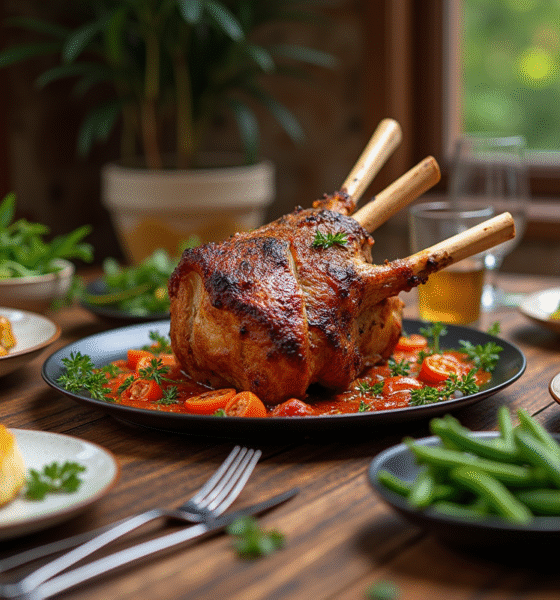 Table rustique avec un gigot d'agneau doré au centre
