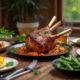 Table rustique avec un gigot d'agneau doré au centre