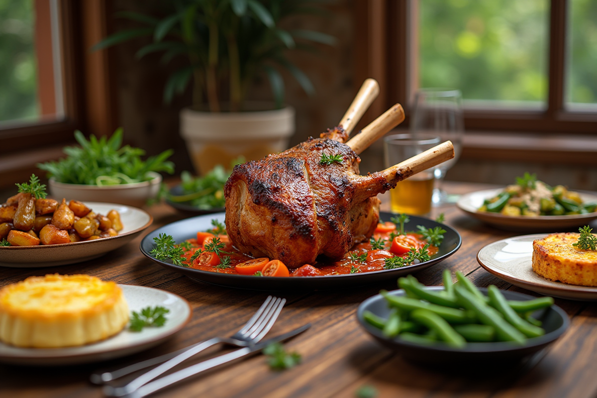 Table rustique avec un gigot d'agneau doré au centre