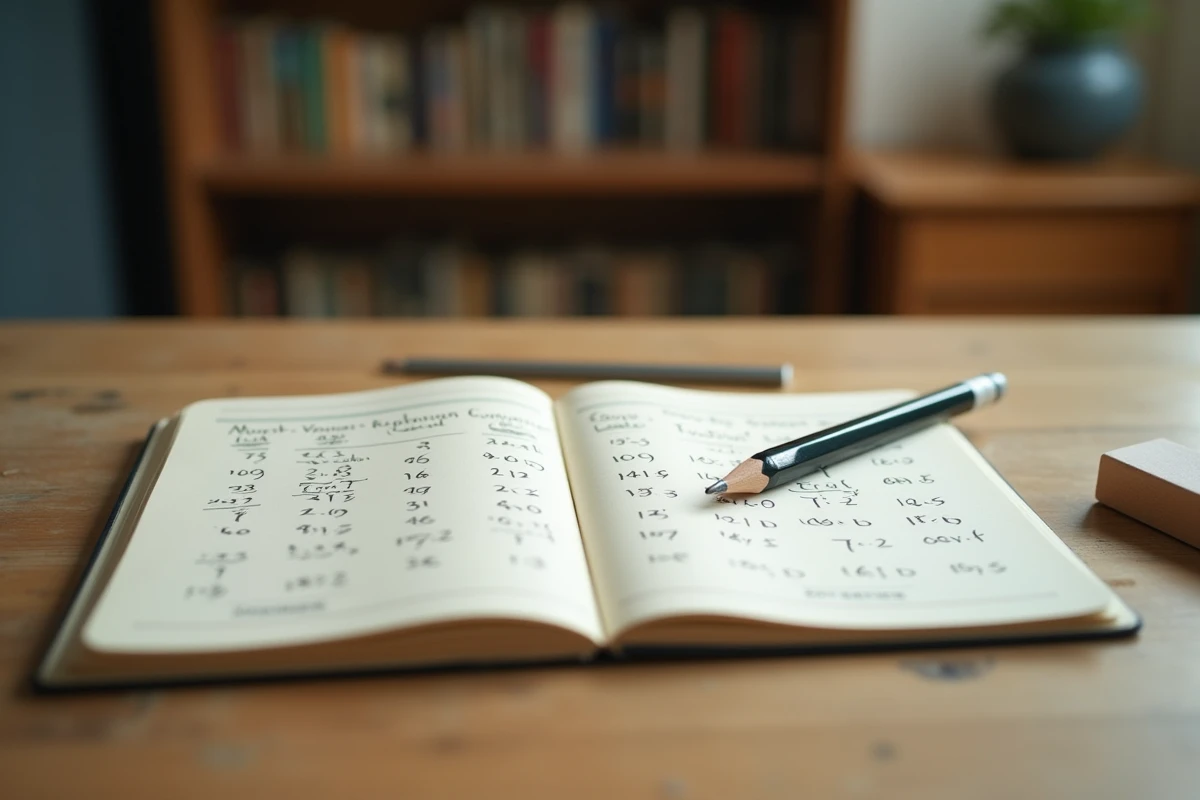 Cahier scolaire ouvert avec des tableaux manuscrits de conversion kilogrammes vers tonnes sur un bureau en bois