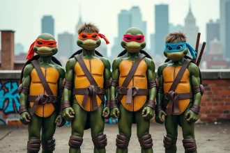Quatre adolescents déguisés en Tortues Ninja sur un toit urbain