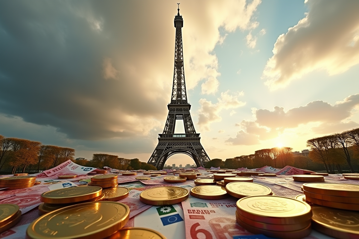 Tour Eiffel entourée de pièces et billets d euro en France