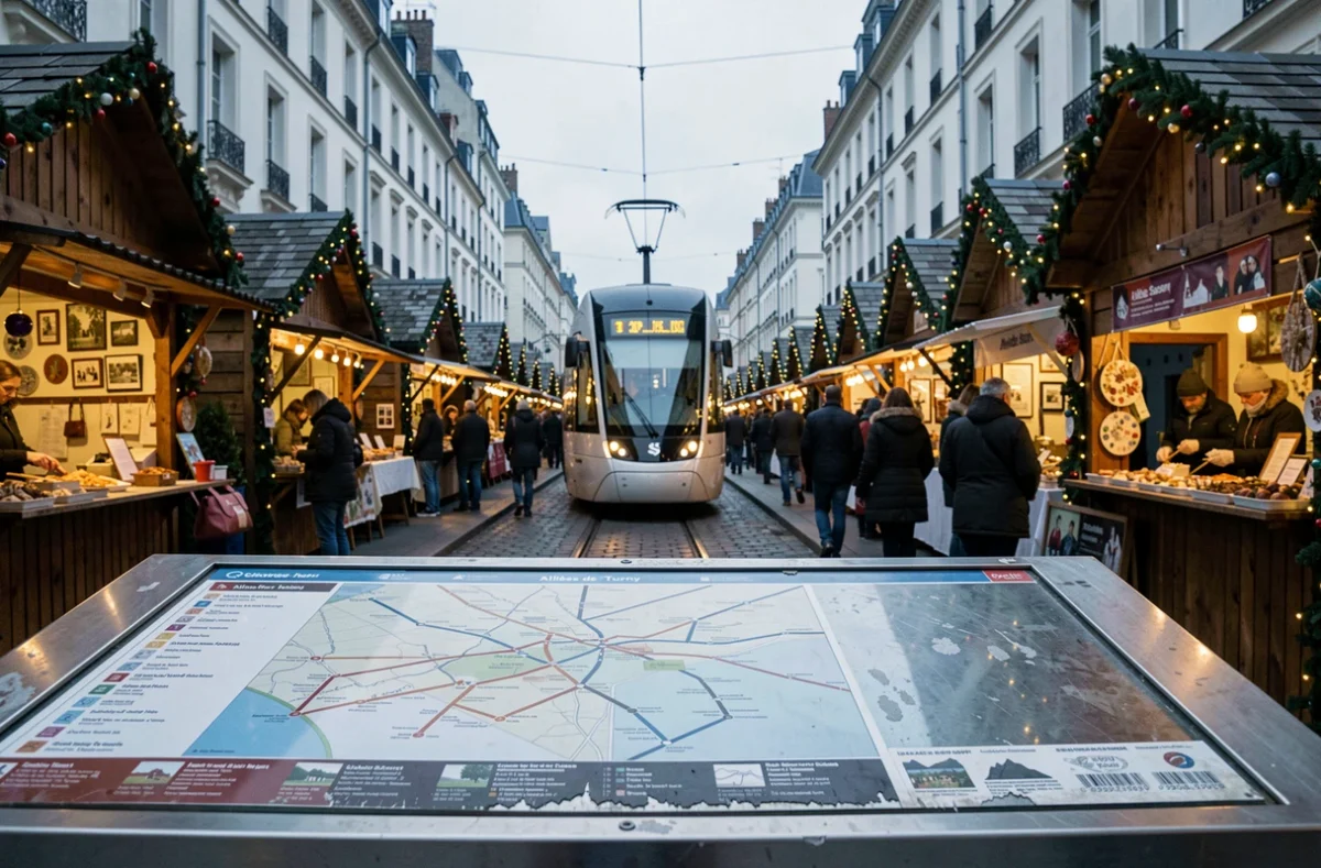 Vue large du tramway de Bordeaux longeant les marchés de Noël des Allées de Tourny avec panneau de plan réseau