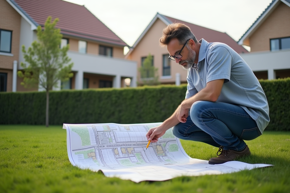 Urbaniste examinant une carte sur un terrain résidentiel