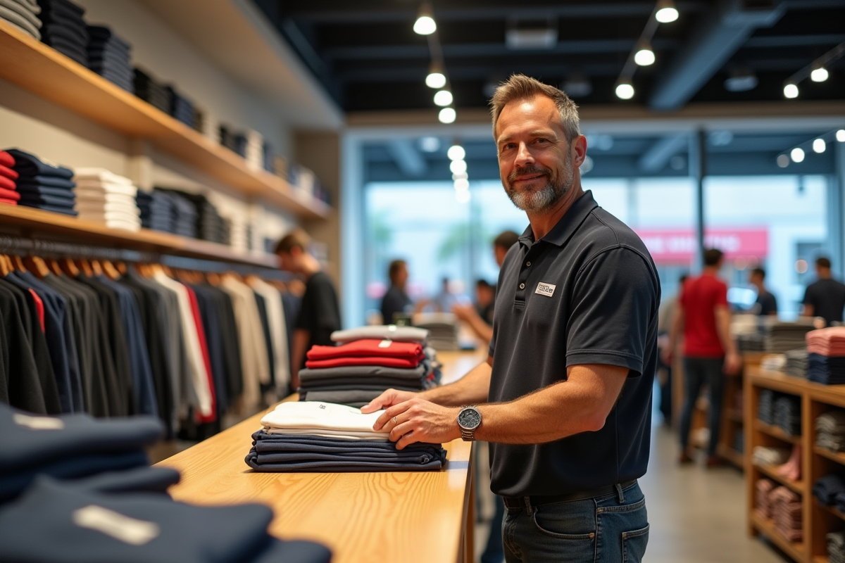 Employe de magasin triant des t-shirts et sweatshirts en boutique