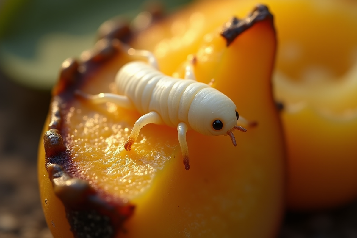 Ver blanc sur fruit en decomposition en lumière naturelle