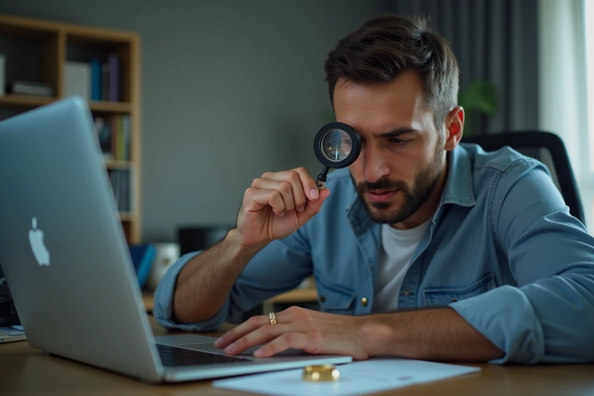 Homme vérifiant à la loupe un bijou en or acheté sur internet depuis son bureau