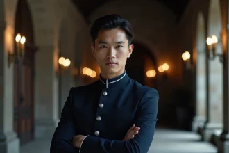 Portrait d'un jeune homme en uniforme d'académie sombre avec un regard perçant en couloir gothique
