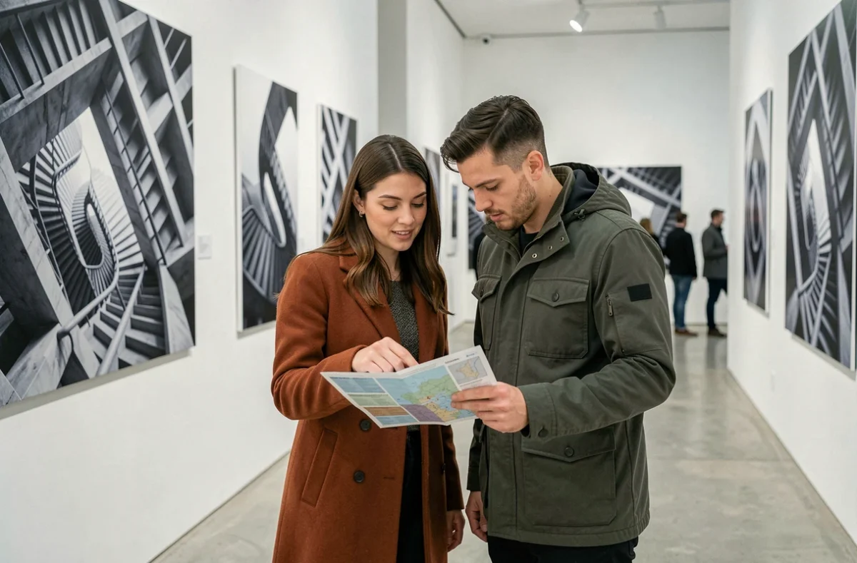 Couple visitant l'exposition Escher à Toulouse en consultant le plan de l'exposition dans une galerie d'art contemporain