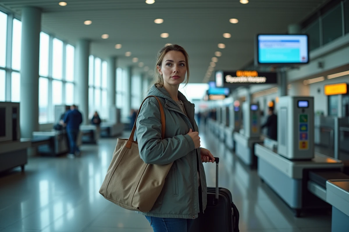 Voyageuse passant au contrôle douanier dans un aéroport, vérification des bagages et franchise de tabac à l'entrée du Luxembourg