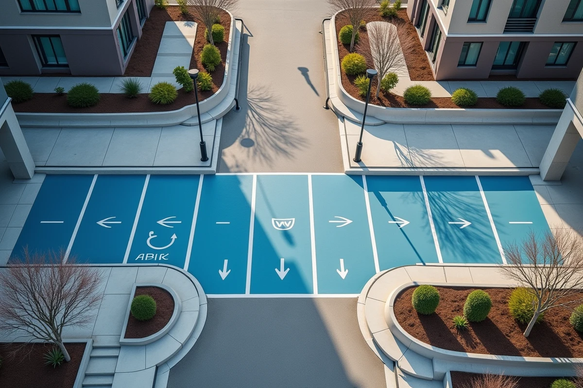 Vue aérienne d'un ensemble résidentiel moderne avec places de stationnement accessibles et cheminements sécurisés pour personnes à mobilité réduite