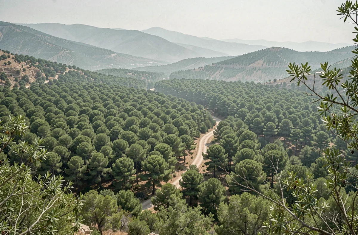 Vue panoramique sur la canopée de la forêt de Ben Haroun et ses collines boisées dans la région de Guelma en Algérie